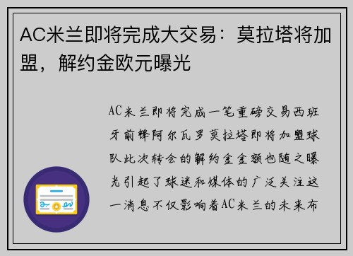 AC米兰即将完成大交易:莫拉塔将加盟,解约金欧元曝光
