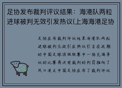 足协发布裁判评议结果:海港队两粒进球被判无效引发热议(上海海港足协杯首发)