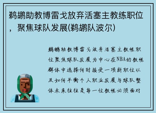 鹈鹕助教博雷戈放弃活塞主教练职位,聚焦球队发展(鹈鹕队波尔)