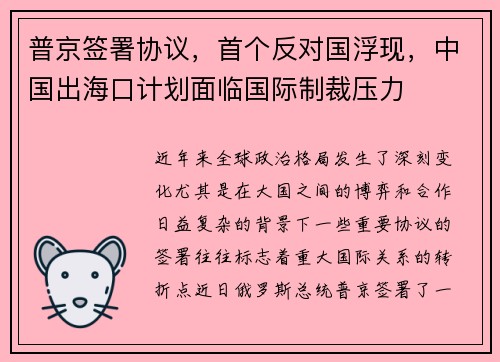 普京签署协议,首个反对国浮现,中国出海口计划面临国际制裁压力
