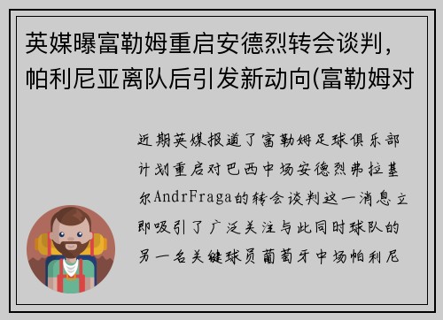 英媒曝富勒姆重启安德烈转会谈判,帕利尼亚离队后引发新动向(富勒姆对利兹)