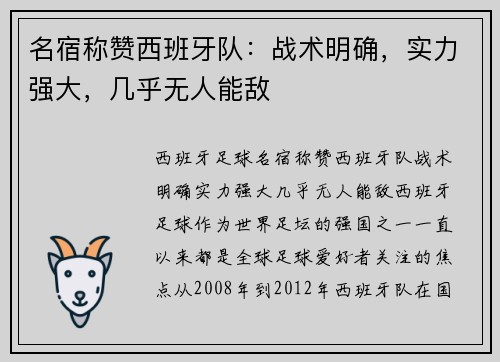 名宿称赞西班牙队:战术明确,实力强大,几乎无人能敌