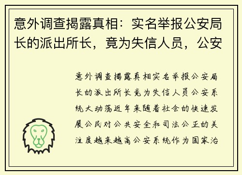 意外调查揭露真相:实名举报公安局长的派出所长,竟为失信人员,公安系统大动荡