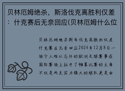 贝林厄姆绝杀，斯洛伐克离胜利仅差：什克赛后无奈回应(贝林厄姆什么位置)