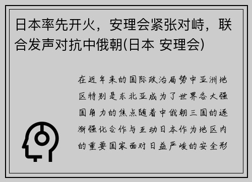 日本率先开火，安理会紧张对峙，联合发声对抗中俄朝(日本 安理会)
