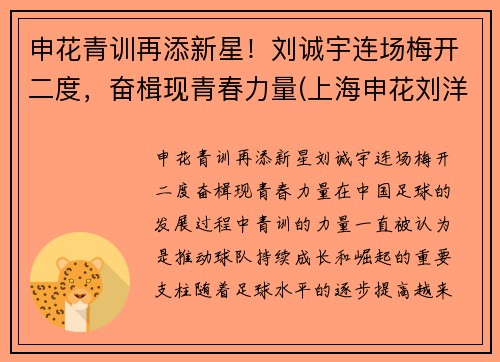 申花青训再添新星！刘诚宇连场梅开二度，奋楫现青春力量(上海申花刘洋)